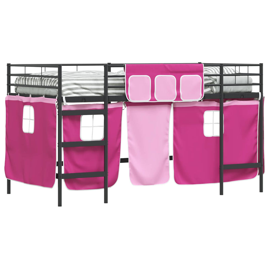 Loftbedframe Voor Kinderen Met Gordijnen 100 x 201 cm Zwart en roze