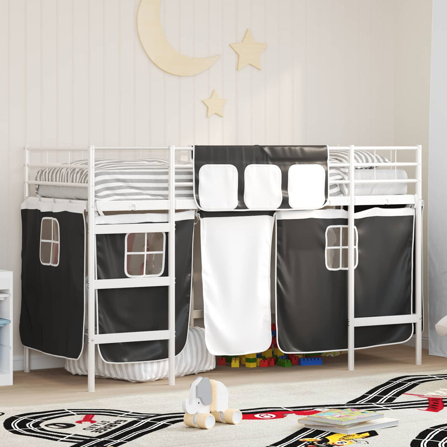 Loftbedframe Voor Kinderen Met Gordijnen 90 x 190 cm Wit en zwart