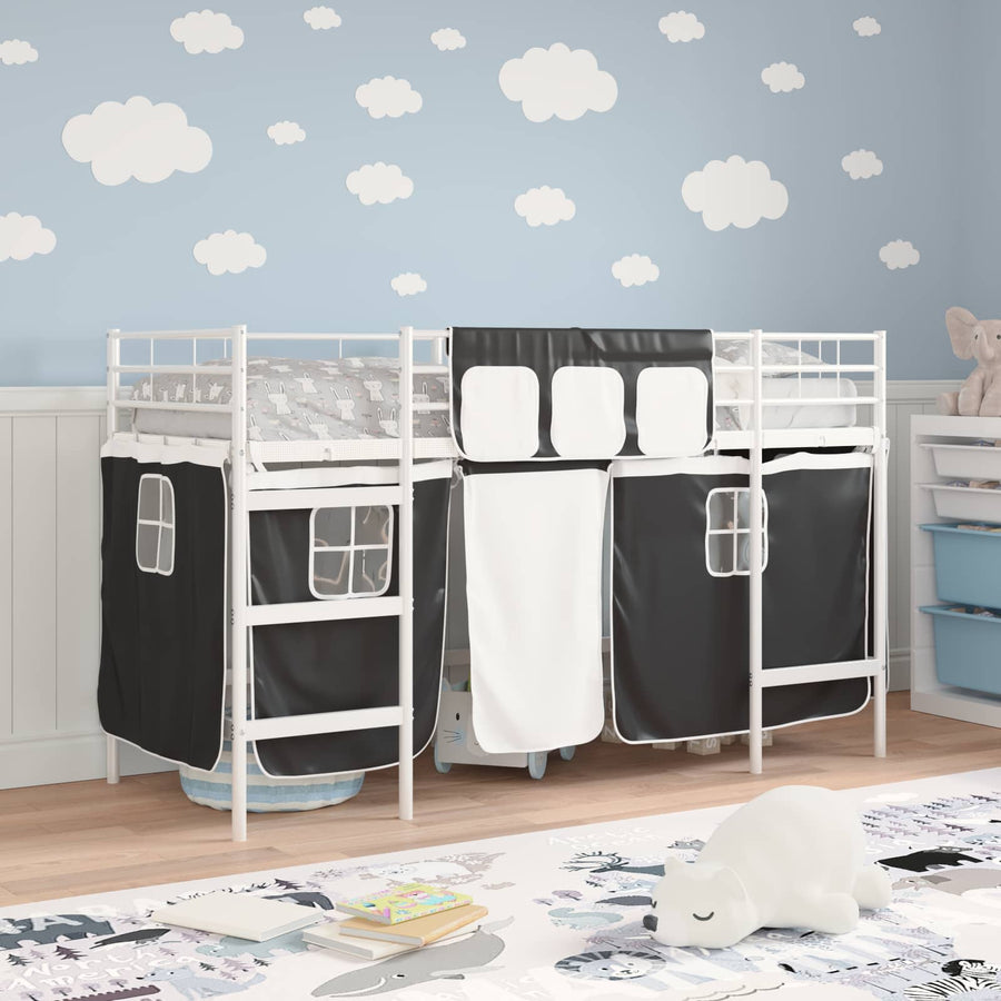 Loftbedframe Voor Kinderen Met Gordijnen 90 x 190 cm Wit en zwart