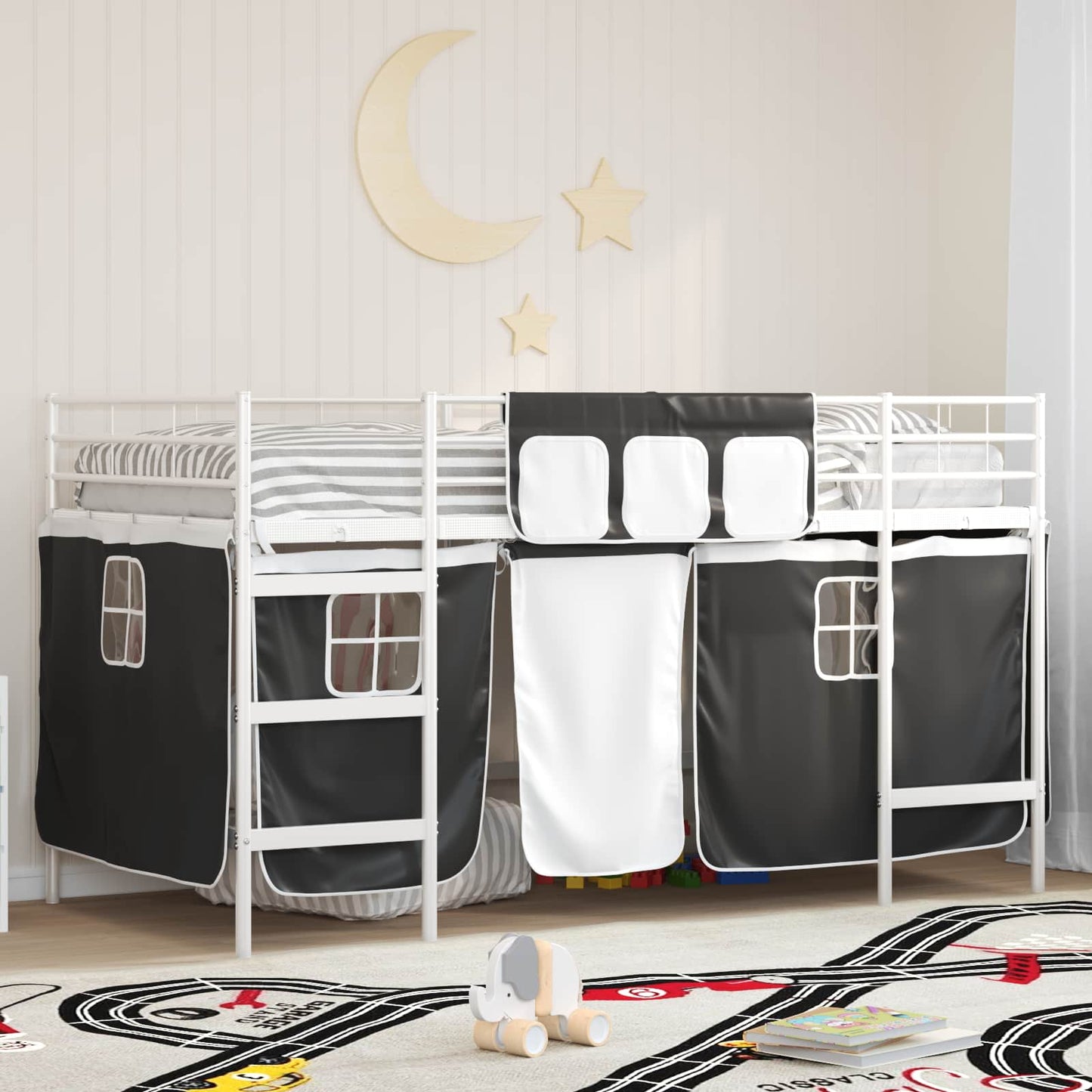 Loftbedframe Voor Kinderen Met Gordijnen 107 x 201 cm Wit en zwart