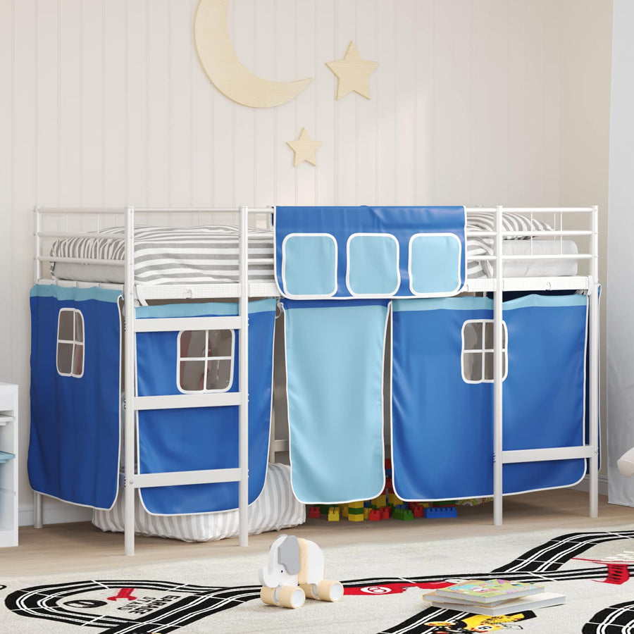 Loftbedframe Voor Kinderen Met Gordijnen 90 x 190 cm Wit en blauw