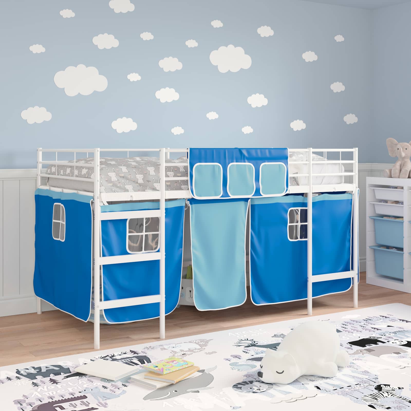 Loftbedframe Voor Kinderen Met Gordijnen 90 x 201 cm Wit en blauw