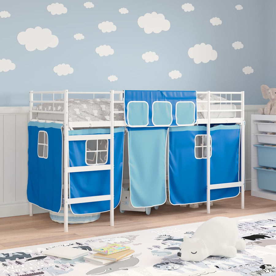 Loftbedframe Voor Kinderen Met Gordijnen 100 x 190 cm Wit en blauw