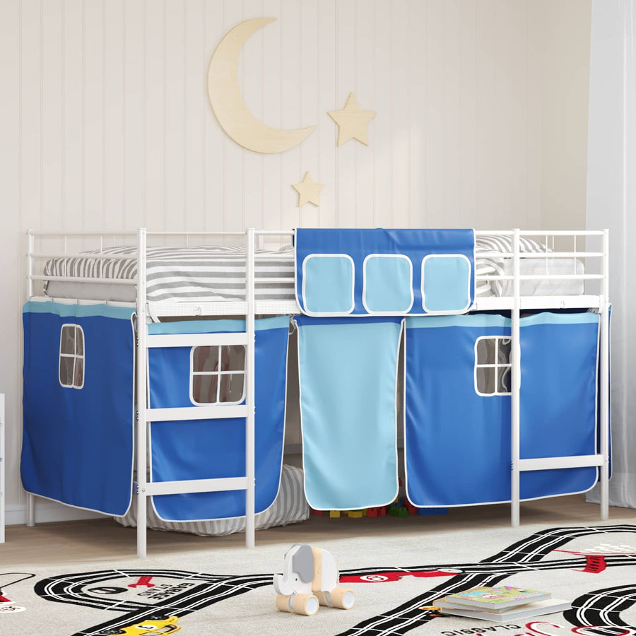 Loftbedframe Voor Kinderen Met Gordijnen 107 x 201 cm Wit en blauw