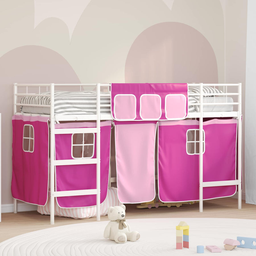 Loftbedframe Voor Kinderen Met Gordijnen 75 x 190 cm Wit en roze