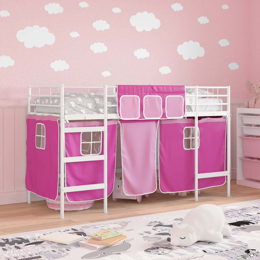 Loftbedframe Voor Kinderen Met Gordijnen 75 x 190 cm Wit en roze