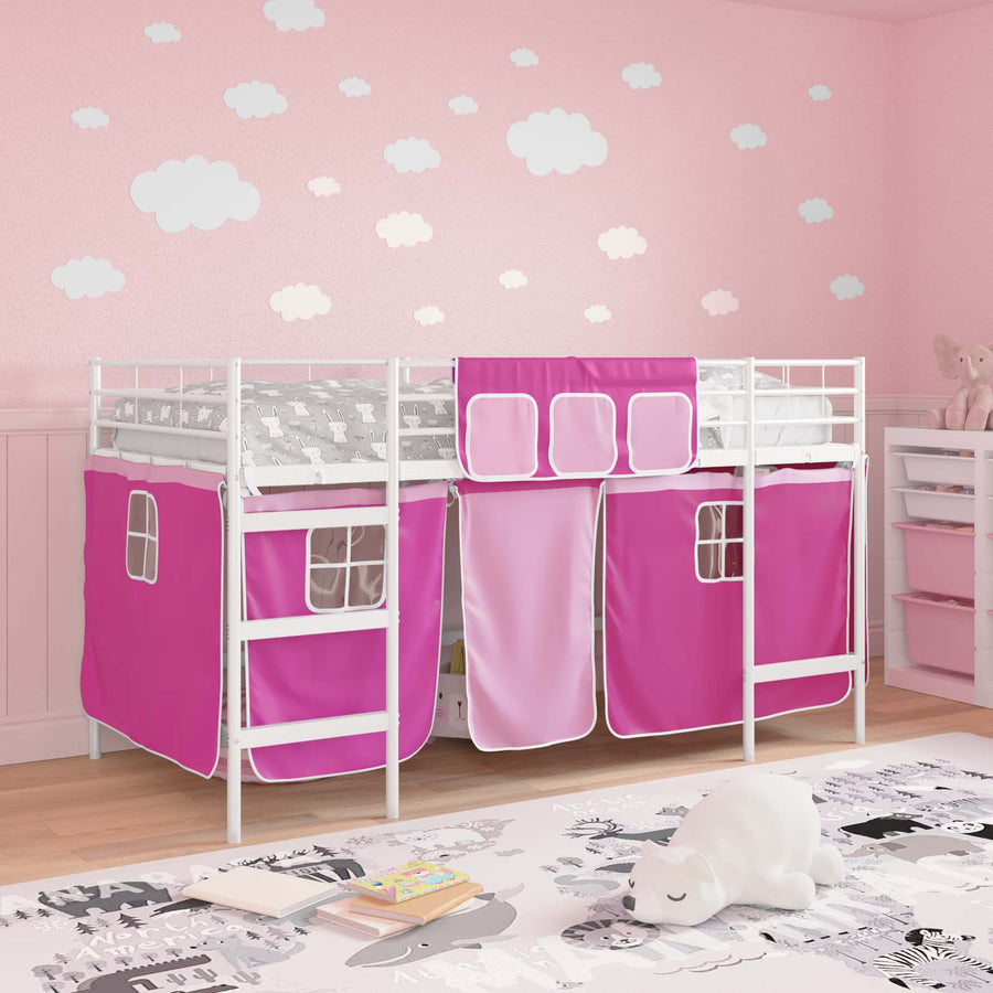 Loftbedframe Voor Kinderen Met Gordijnen 100 x 201 cm Wit en roze