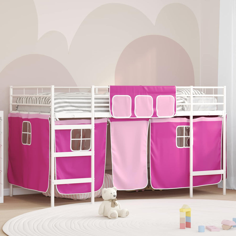 Loftbedframe Voor Kinderen Met Gordijnen 107 x 201 cm Wit en roze