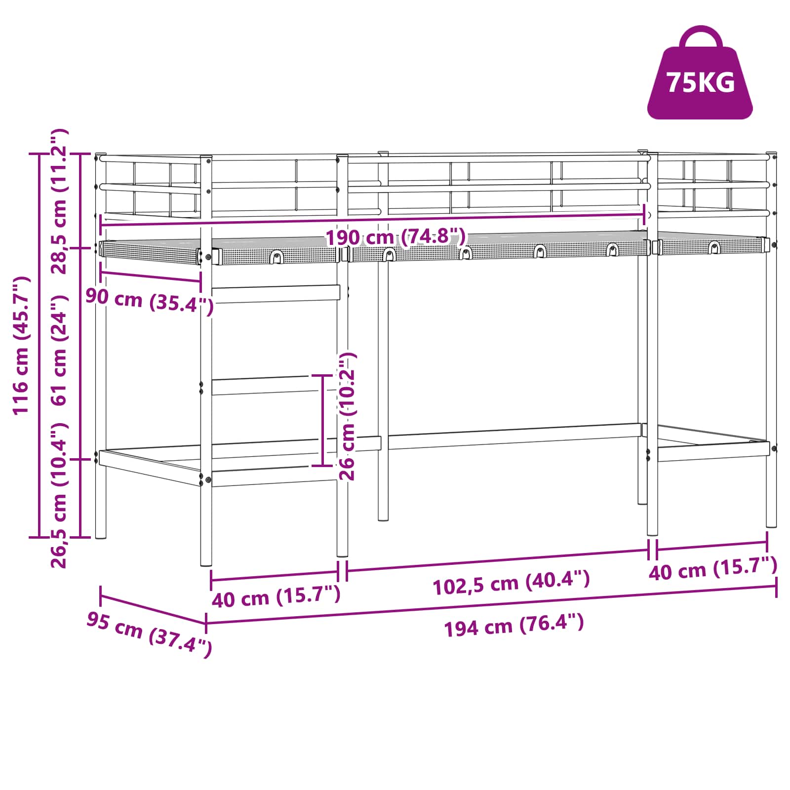 Loftbed voor Kids Zwart en Blauw 90 x 190 cm Metaal
