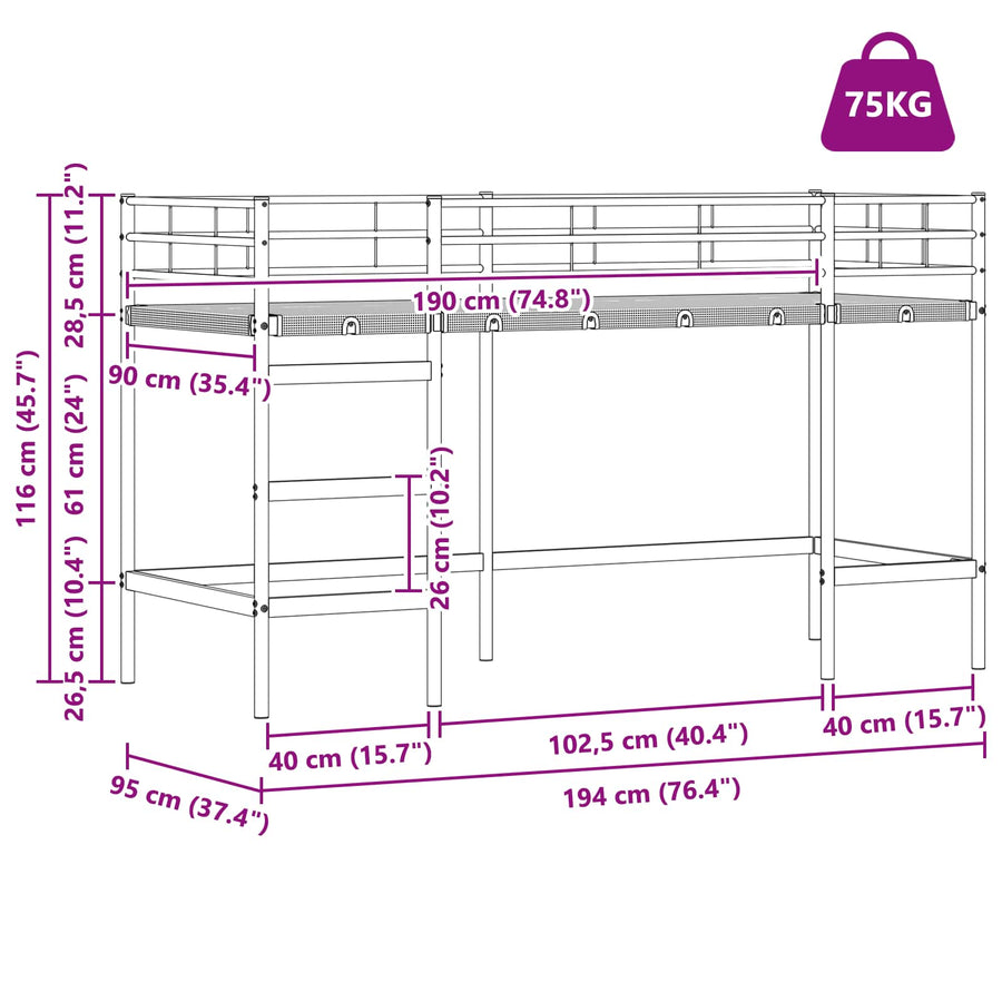 Loftbed voor Kids Zwart en Roze 90 x 190 cm Metaal