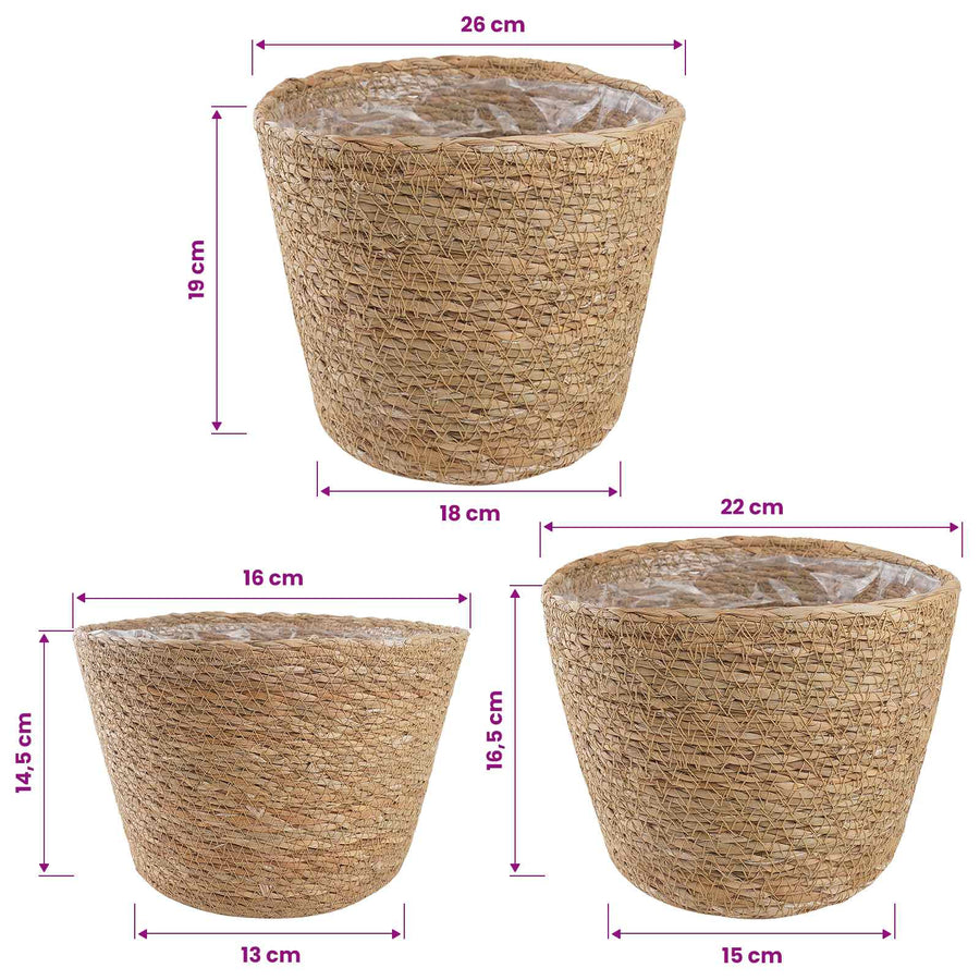 Zeegras Plantenmanden 3 pcs Naturel Ø26 x 19 cm 100% Zeegras
