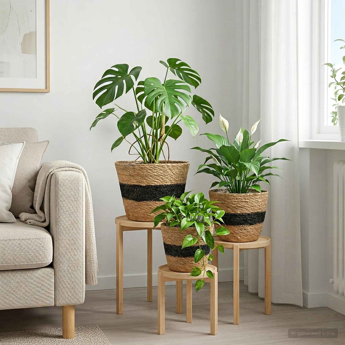 Zeegras Plantenmanden 3 pcs Naturel en Zwart Ø26 x 19 cm
