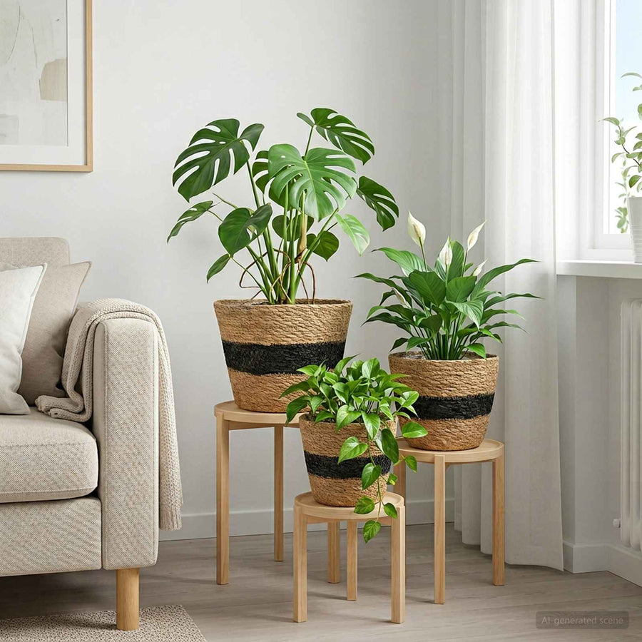 Zeegras Plantenmanden 3 pcs Naturel en Zwart Ø26 x 19 cm