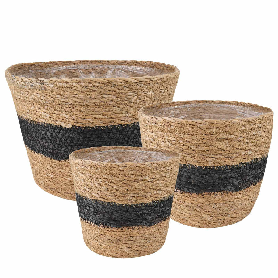 Zeegras Plantenmanden 3 pcs Naturel en Zwart Ø26 x 19 cm