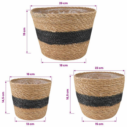 Zeegras Plantenmanden 3 pcs Naturel en Zwart Ø26 x 19 cm