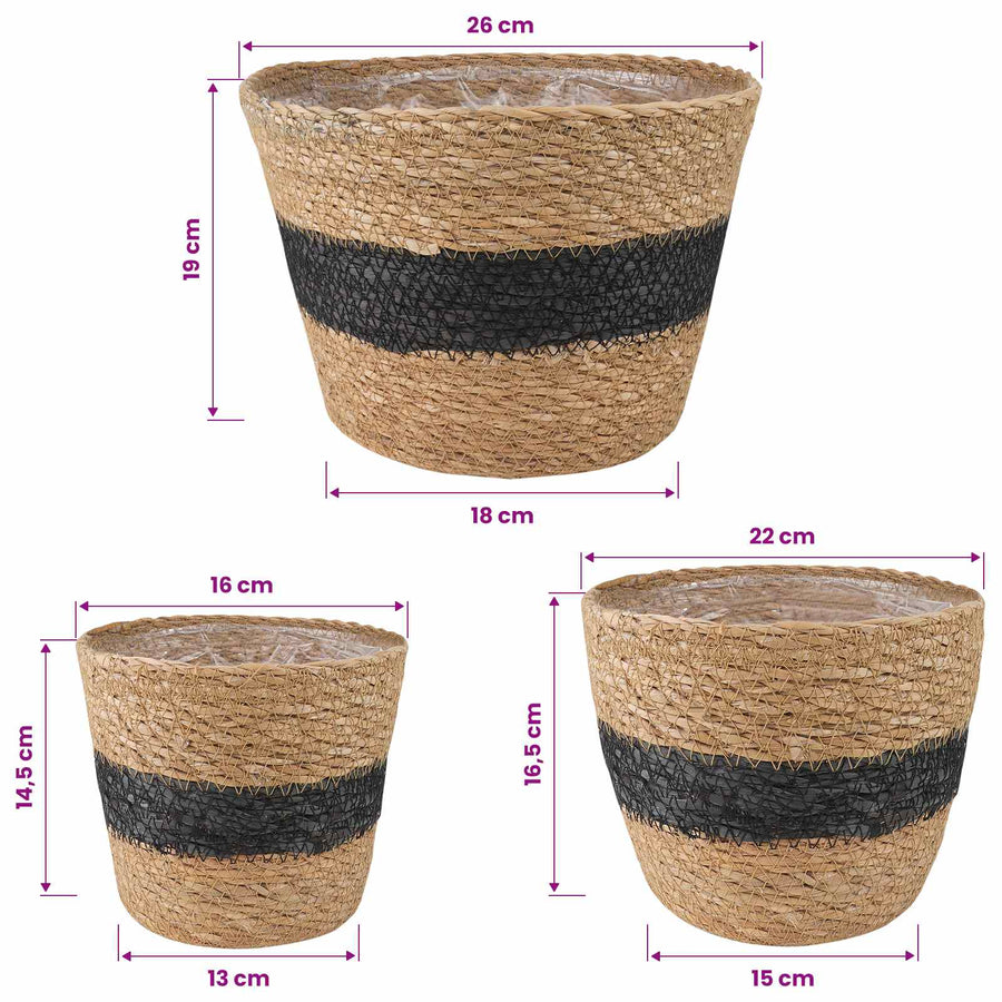 Zeegras Plantenmanden 3 pcs Naturel en Zwart Ø26 x 19 cm