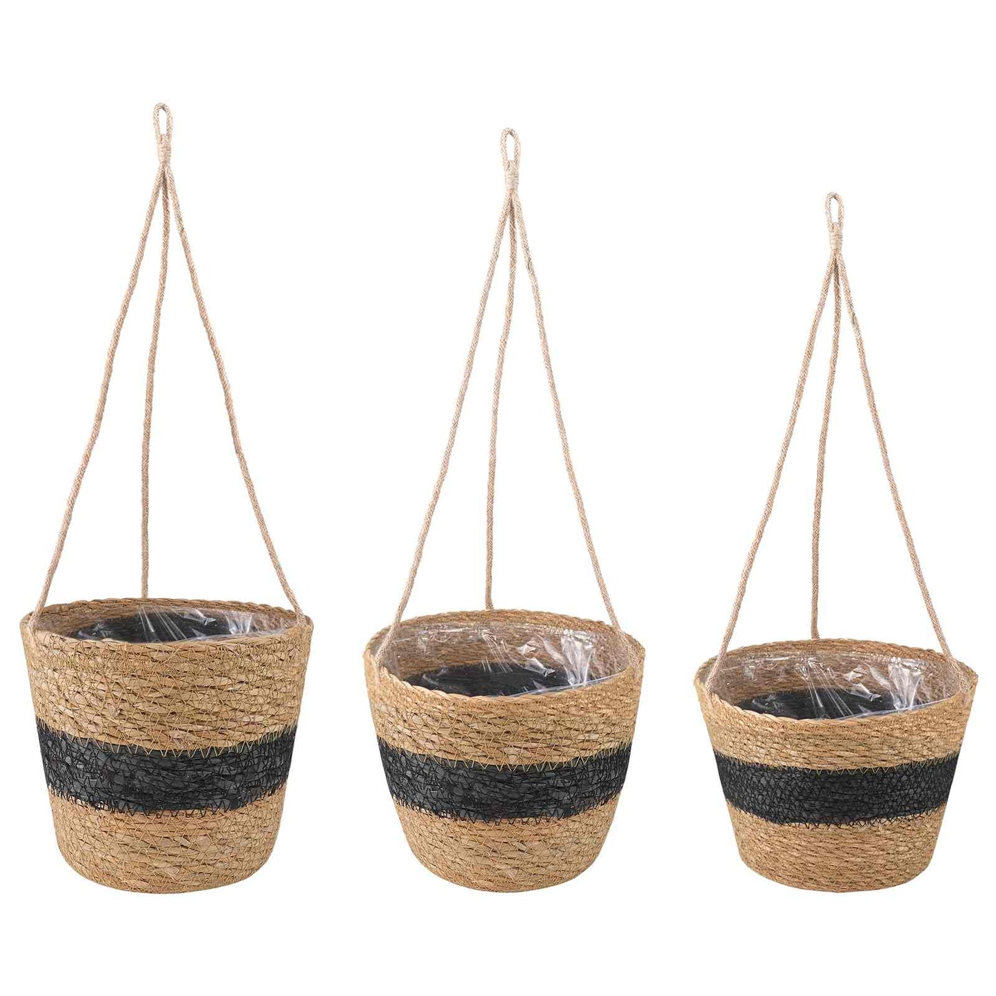 Zeegras Plantenmanden 3 pcs Naturel en Zwart Ø26 x 19 cm