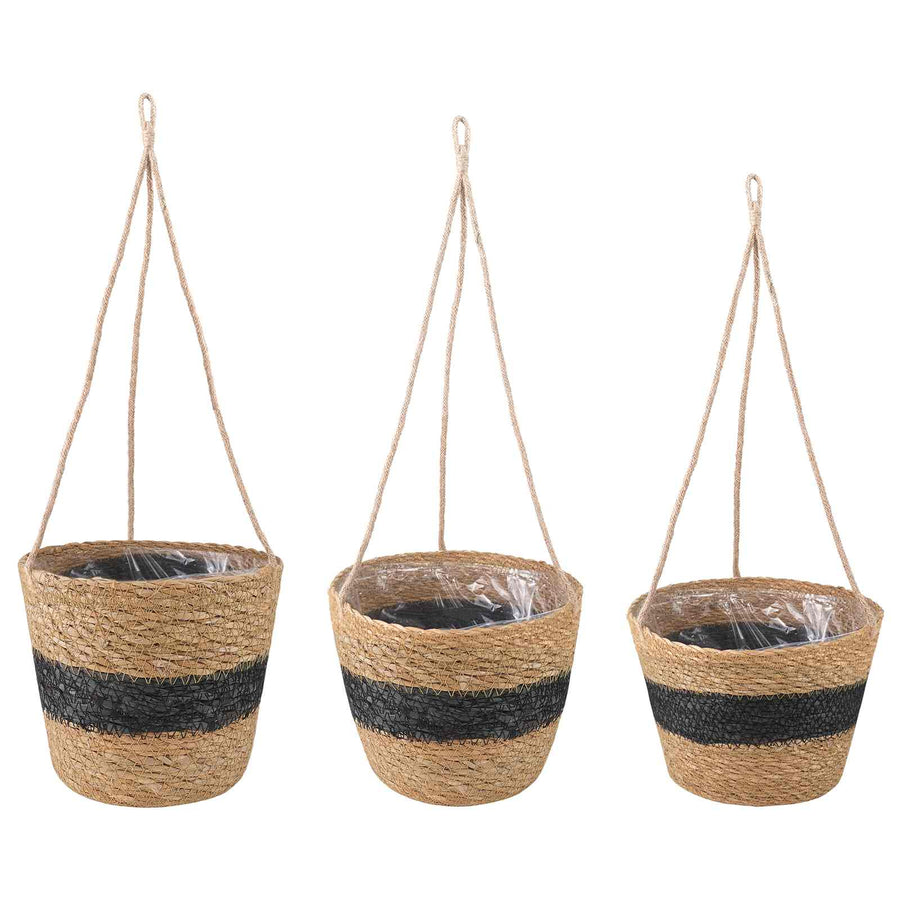 Zeegras Plantenmanden 3 pcs Naturel en Zwart Ø26 x 19 cm