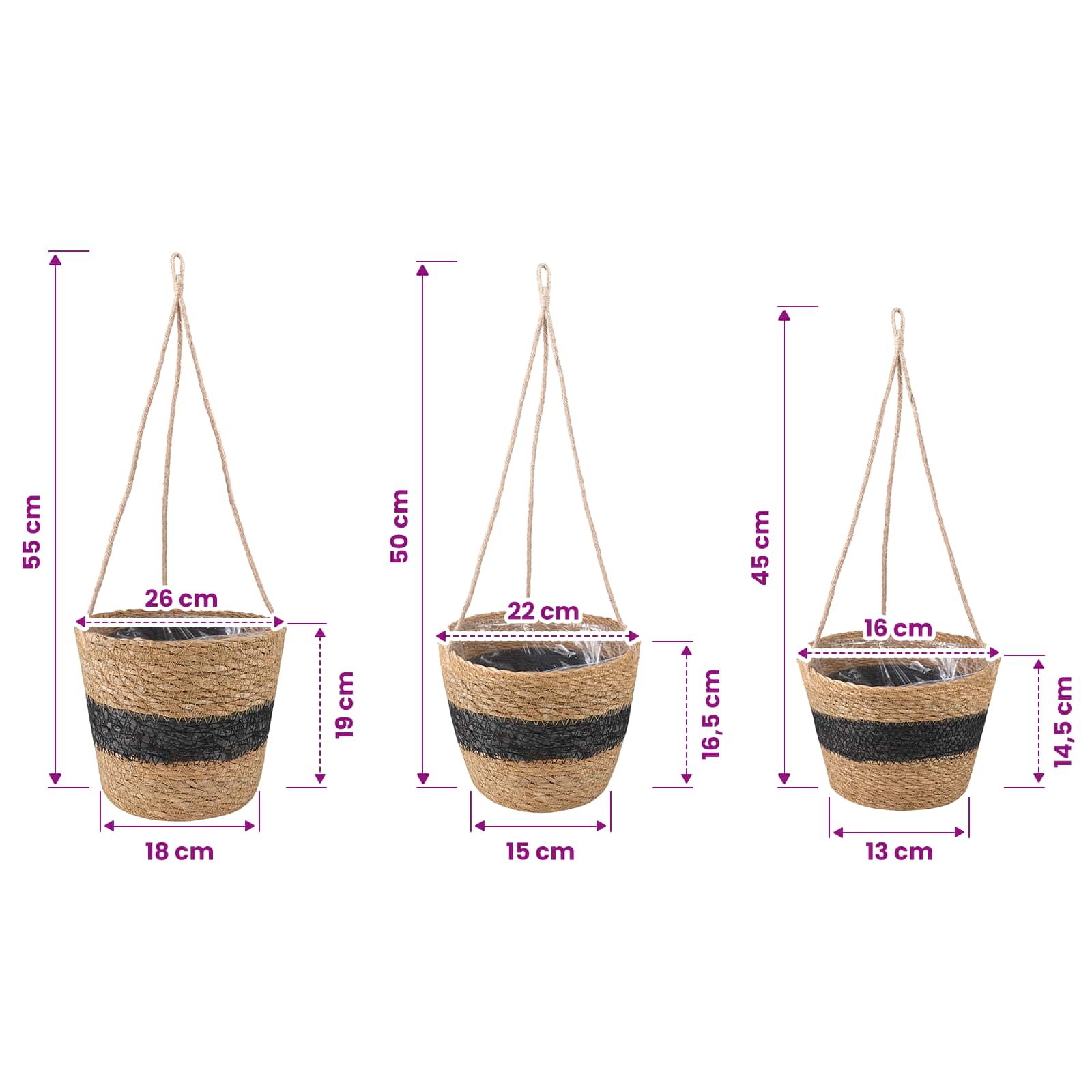 Zeegras Plantenmanden 3 pcs Naturel en Zwart Ø26 x 19 cm