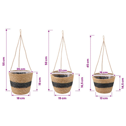 Zeegras Plantenmanden 3 pcs Naturel en Zwart Ø26 x 19 cm