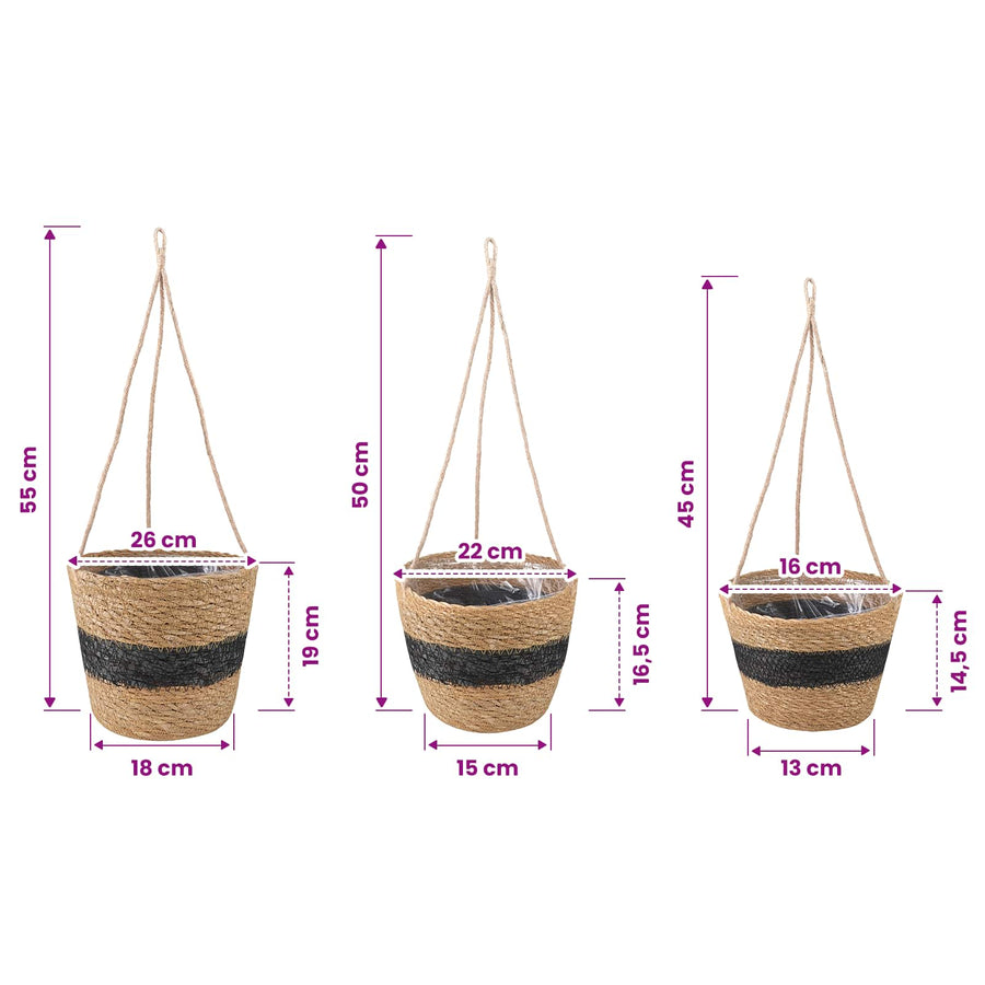 Zeegras Plantenmanden 3 pcs Naturel en Zwart Ø26 x 19 cm