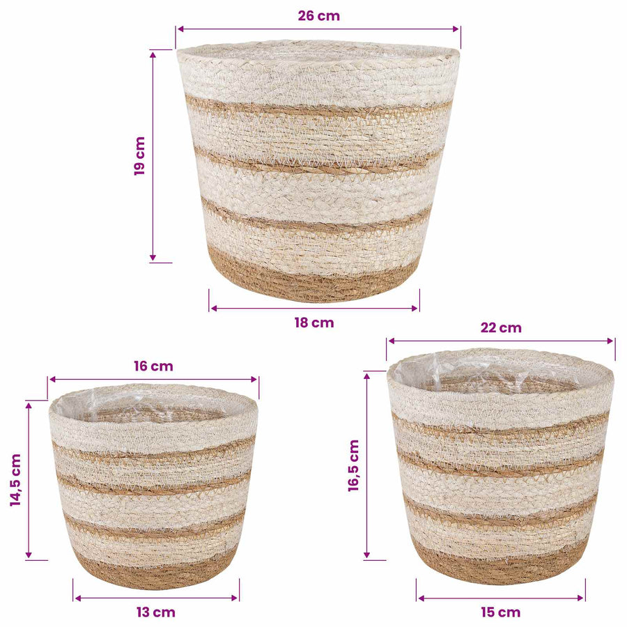 Zeegras Plantenmanden 3 pcs Natuurlijk, Wit en Beige