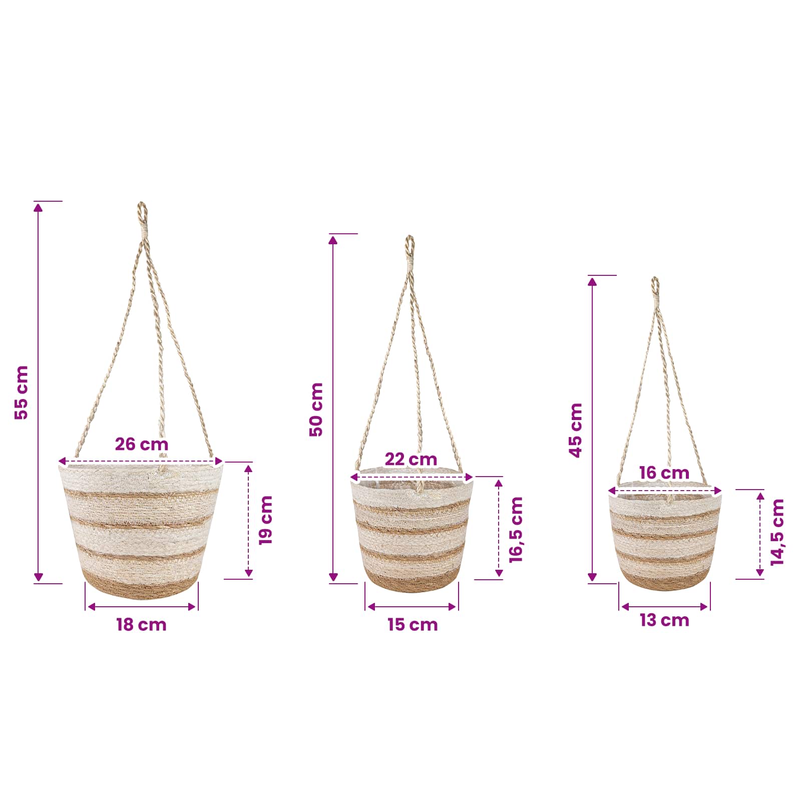 Zeegras Plantenmanden 3 pcs Natuurlijk, Wit en Beige