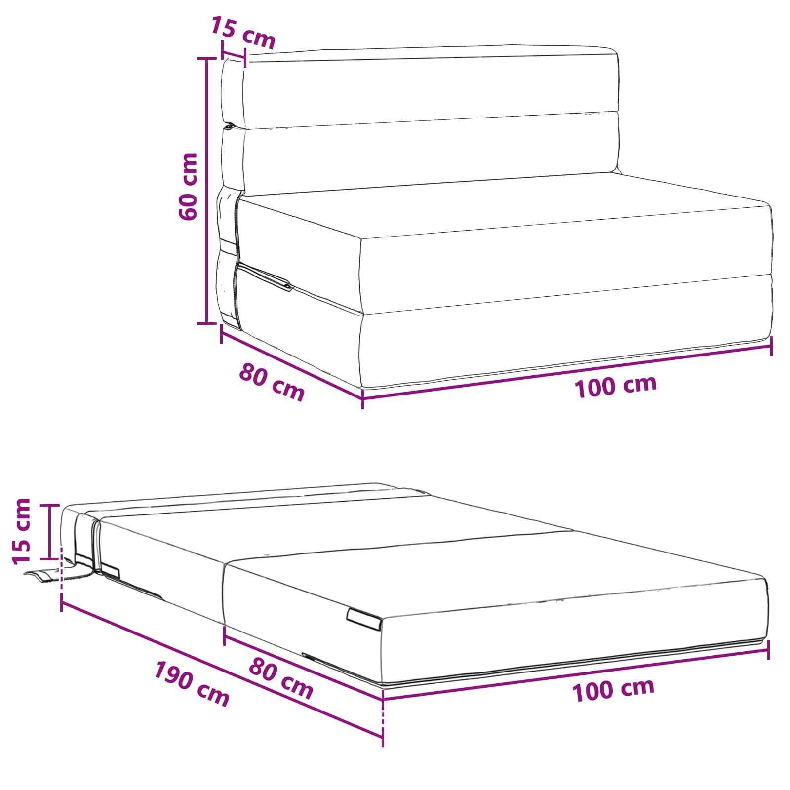 Vouwsofa Bed Zwart 190 x 100 x 15 cm Stof
