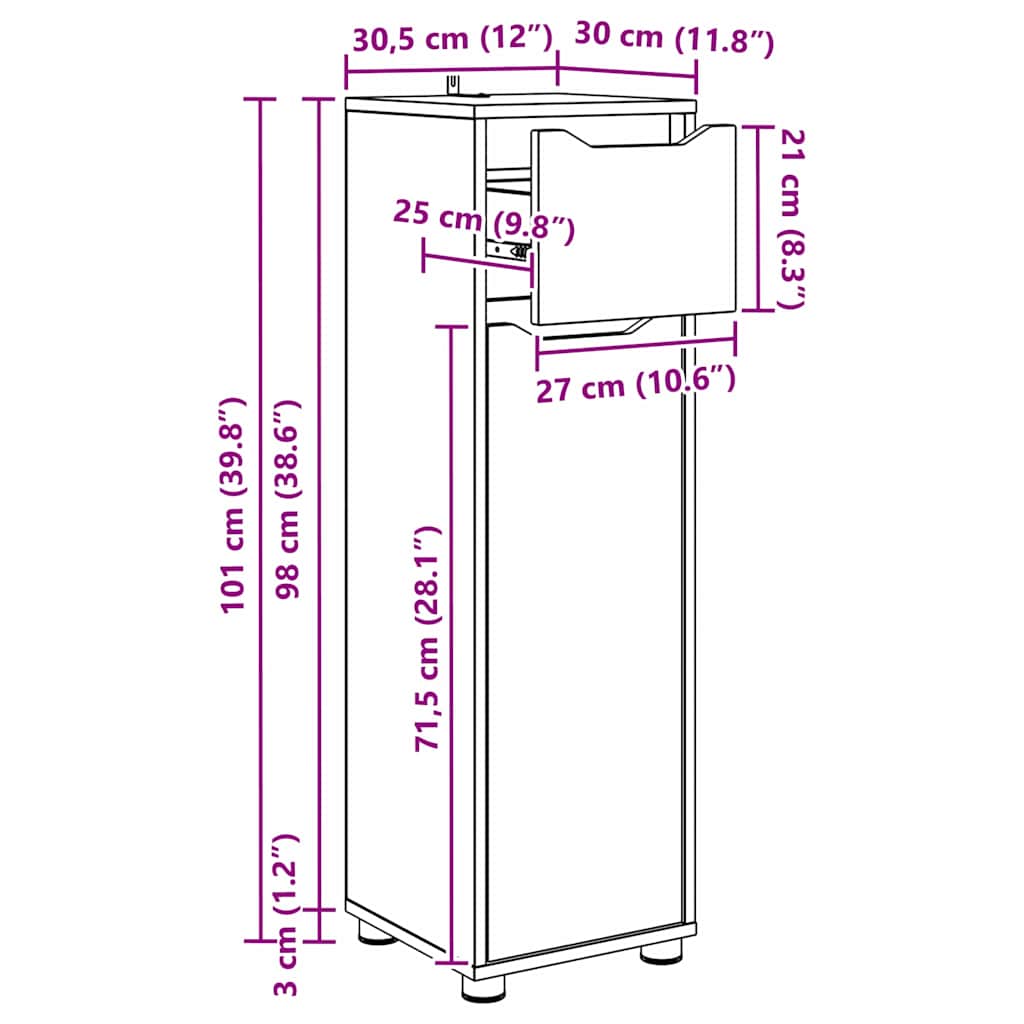 Badkamer Kast Beton Grijs 30,5 x 30 x 101 cm Bewerkt hout