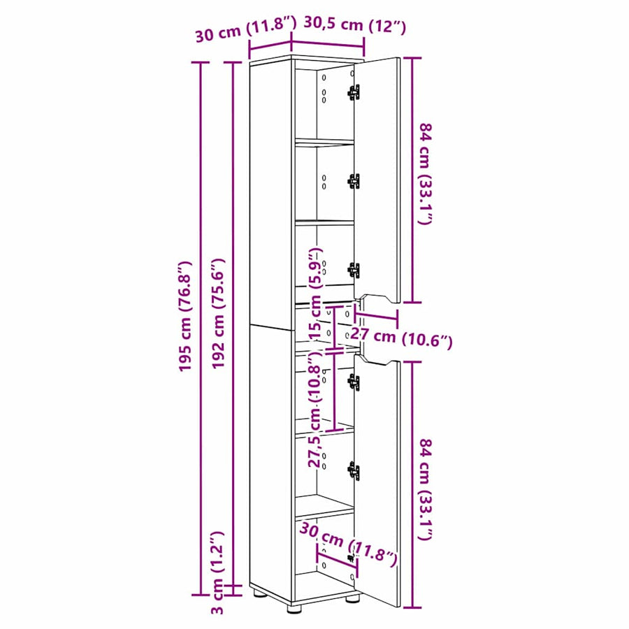 Badkamer Kast Grijs Sonoma 30,5 x 30 x 195 cm Bewerkt hout