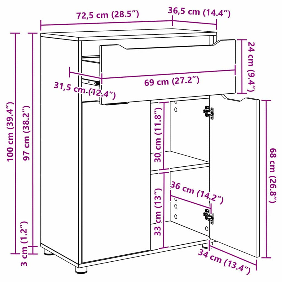 Badkamer Kast Sonoma Eiken 72,5 x 36,5 x 100 cm Bewerkt hout