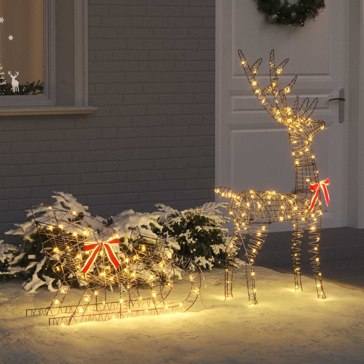 Rendier trek slede met 200 LED Warmwit 70 x 26 x 129 cm Rattan