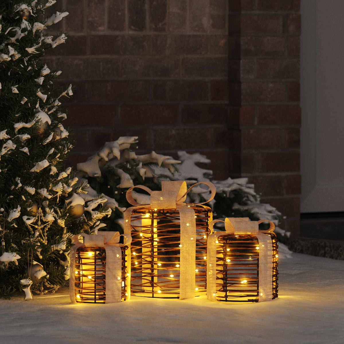 Cadeau Doos Decoratie 3 st Warmwit 20 x 20 x 20 cm Rattan