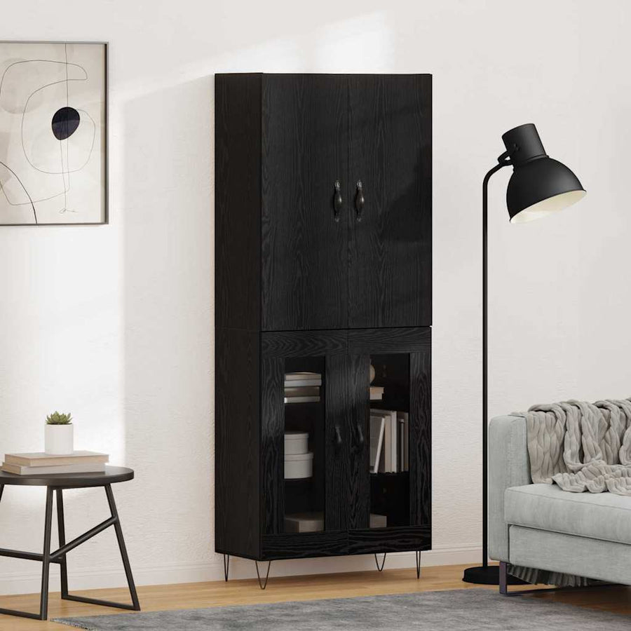 Hoge kast 2 pcs Zwart Eiken Geëngineerd hout en glas
