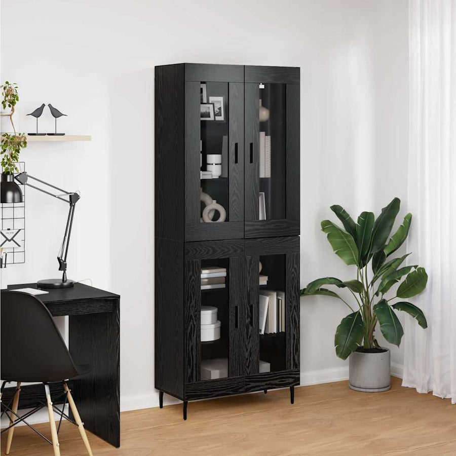 Hoge kast 2 pcs Zwart Eiken Geengineerd Hout en Glas