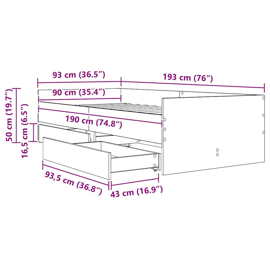 Bedframe met lade Zwart Eiken 90 x 190 cm Massief grenenhout