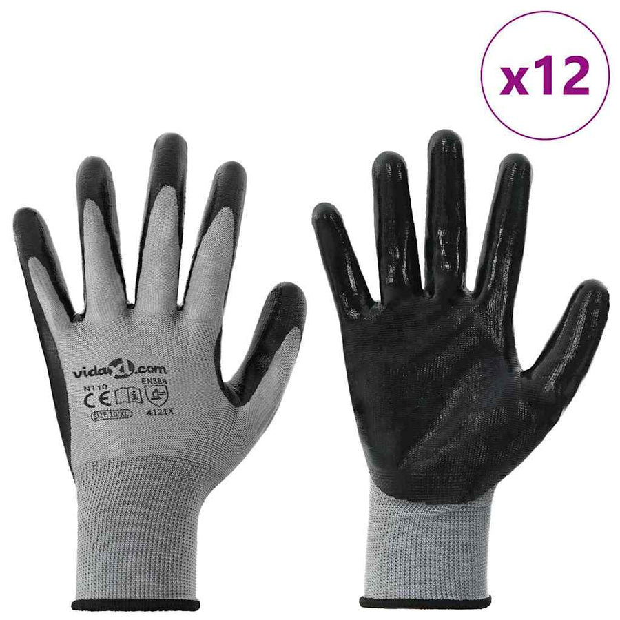 Werkhandschoenen 12 pcs Grijs en zwart 10 / xl Polyester