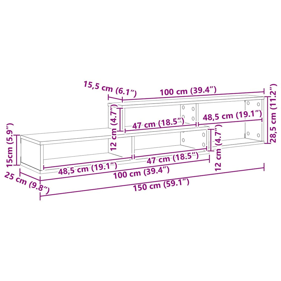 TV-stand 150x25x28,5cm Bewerkt hout