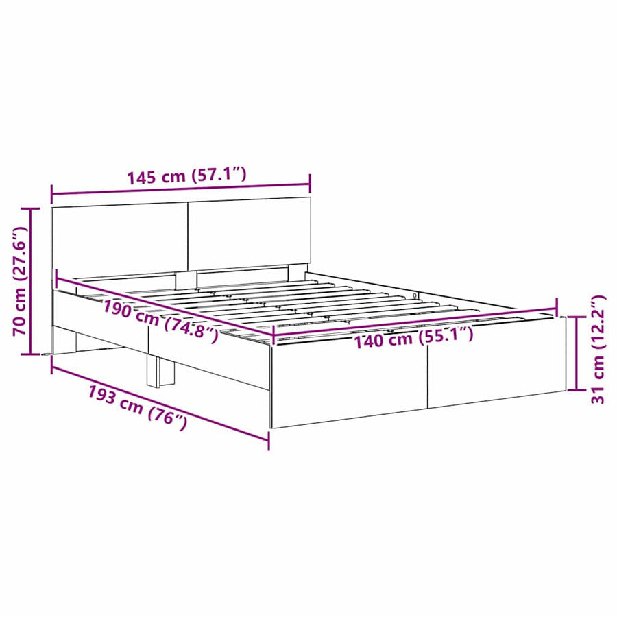 Bedframe met hoofdeinde Artisan Eiken 140 x 190 cm Bewerkt hout