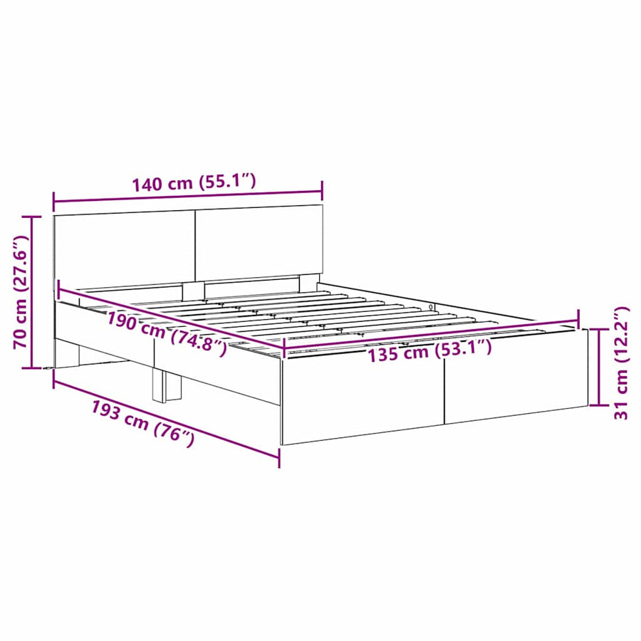 Bedframe met hoofdeinde Artisan Eiken 135 x 190 cm Bewerkt hout