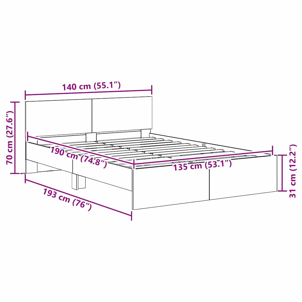 Bedframe met hoofdeinde Zwart Eiken 135 x 190 cm Bewerkt hout