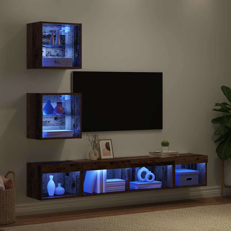 TV Wand Eenheden met LED 5 pcs Oud hout 100 x 30 x 30 cm Bewerkt hout