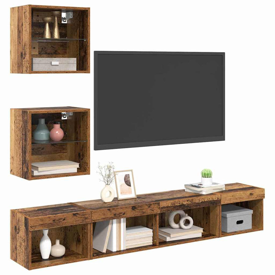 TV Wand Eenheden met LED 5 pcs Oud hout 100 x 30 x 30 cm Bewerkt hout
