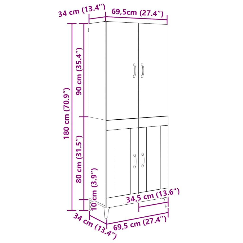 Highboard Artisan Eiken 69,5 x 34 x 180 cm Bewerkt hout