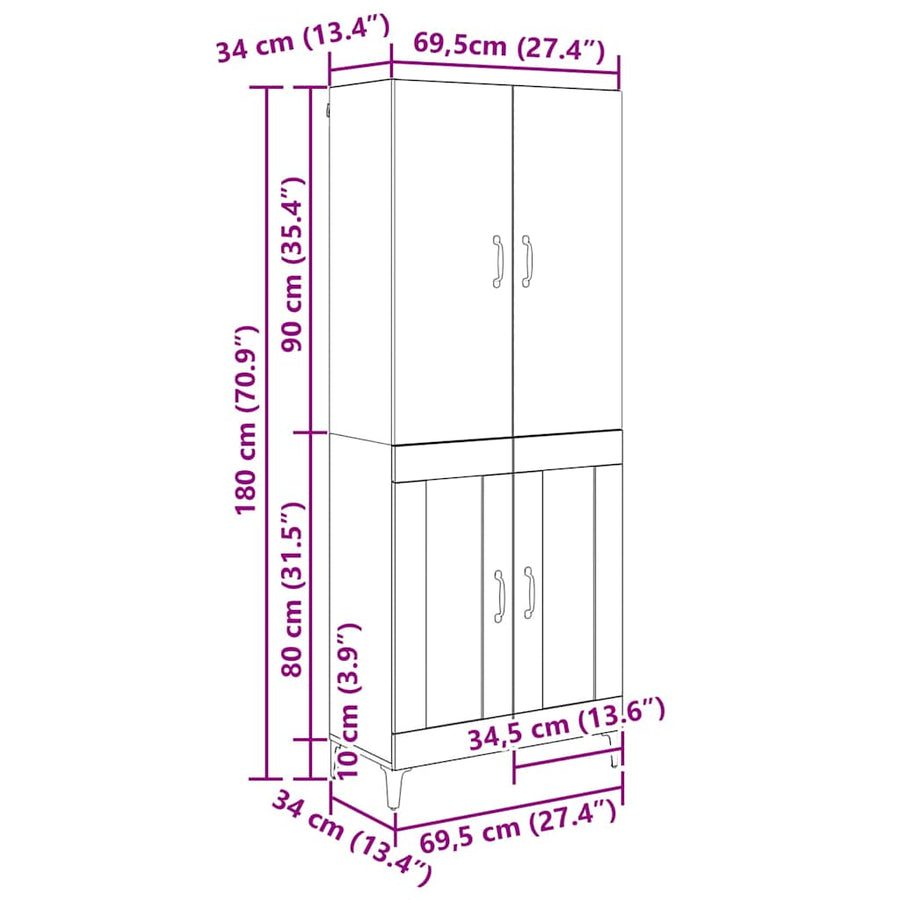 Highboard Zwart Eiken 69,5 x 34 x 180 cm Bewerkt hout