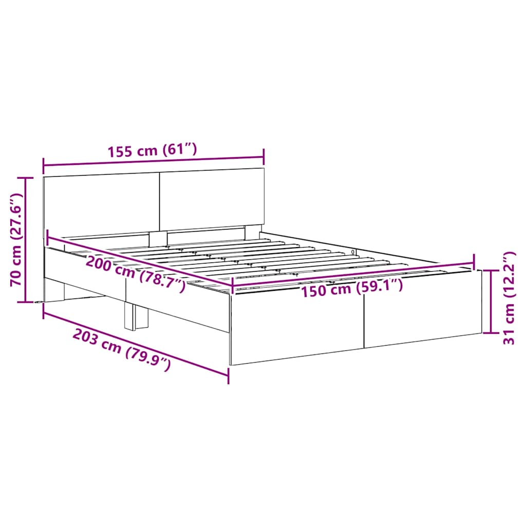 Bedframe met hoofdeinde Zwart Eiken 150 x 200 cm Bewerkt hout