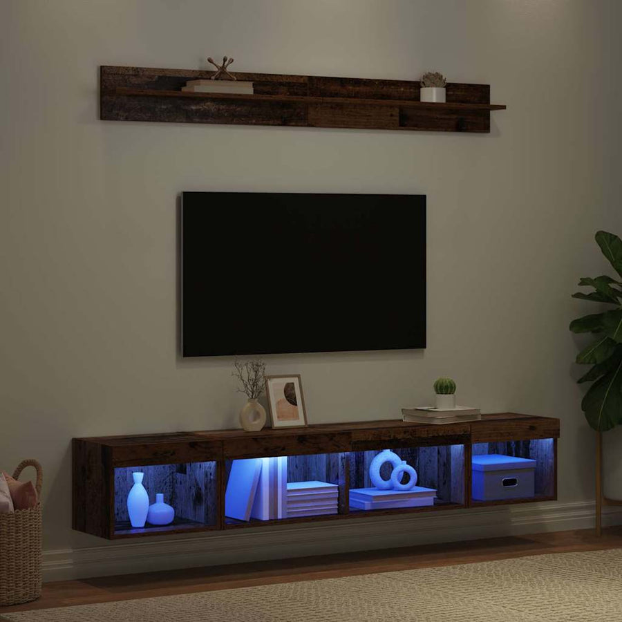 TV Wandkast Set with LED String Lights 5 pcs Oudhout Bewerkt hout