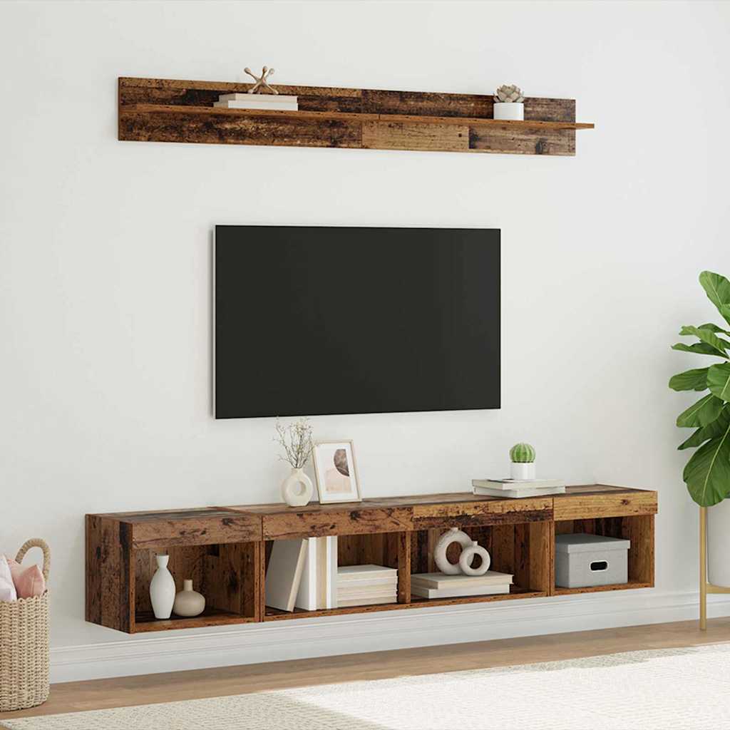 TV Wandkast Set with LED String Lights 5 pcs Oudhout Bewerkt hout