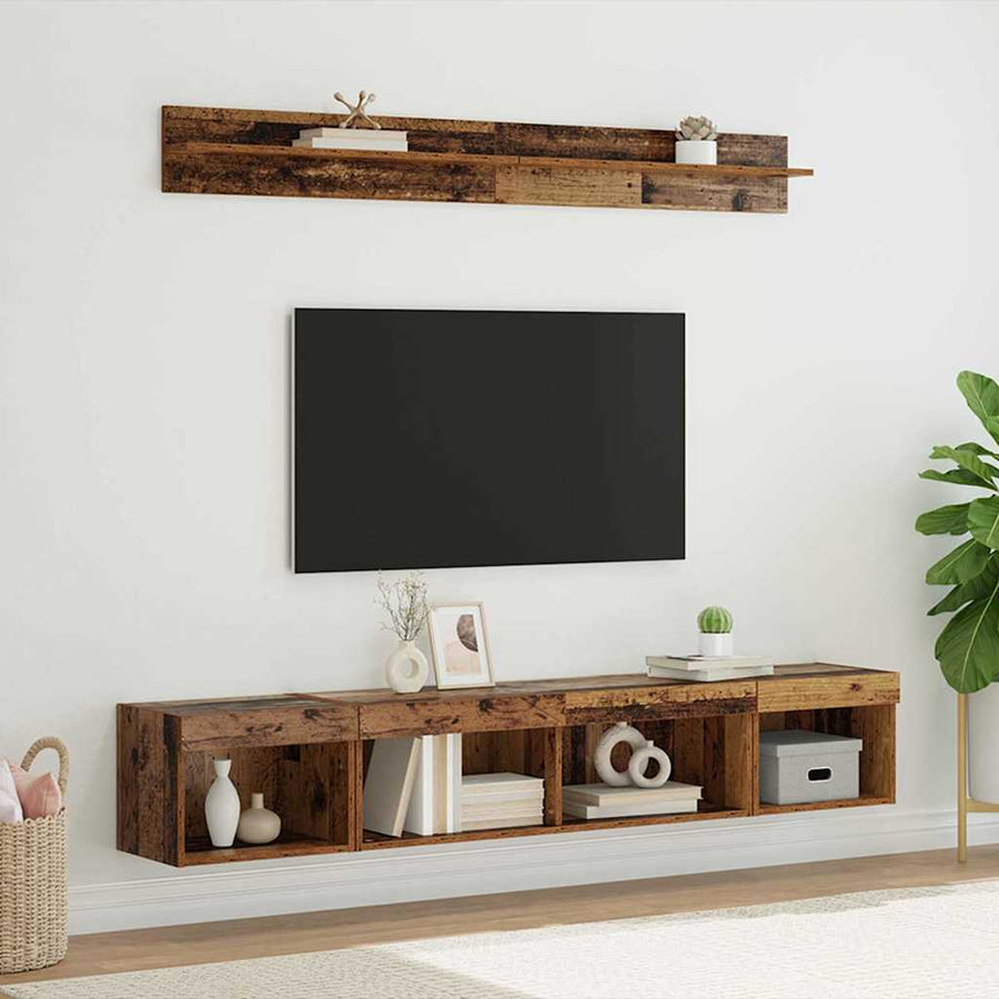 TV Wandkast Set with LED String Lights 5 pcs Oudhout Bewerkt hout