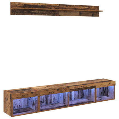 TV Wandkast Set with LED String Lights 5 pcs Oudhout Bewerkt hout